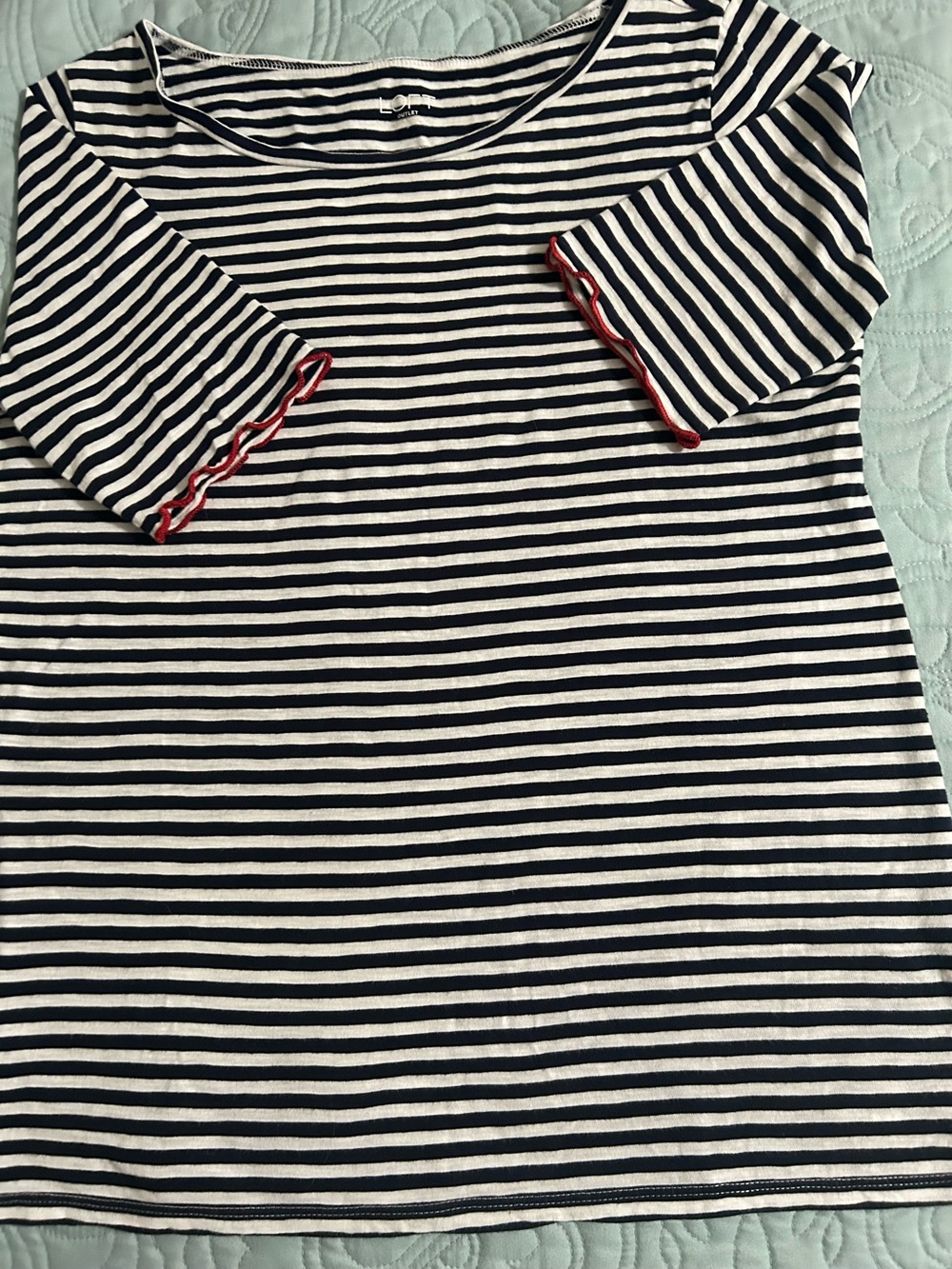 LOFT Blue & White Striped Short Sleeve Tee with red trim on sleeves